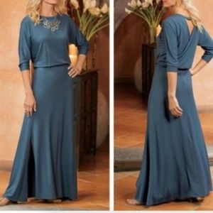 Soft Surroundings Sloane Open Back Cutout Maxi Dress Navy Blue Petite Small EUC